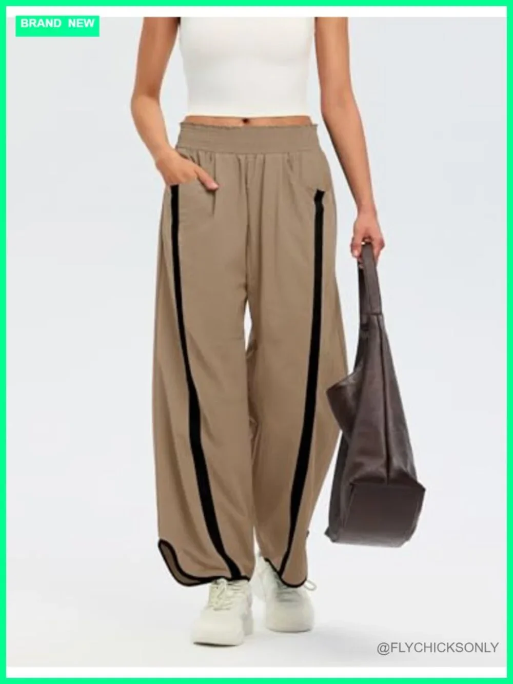 Wide Leg Track Pants with Pockets Elastic Waist Contrast Stripe Athleisure - Picture 4 of 7